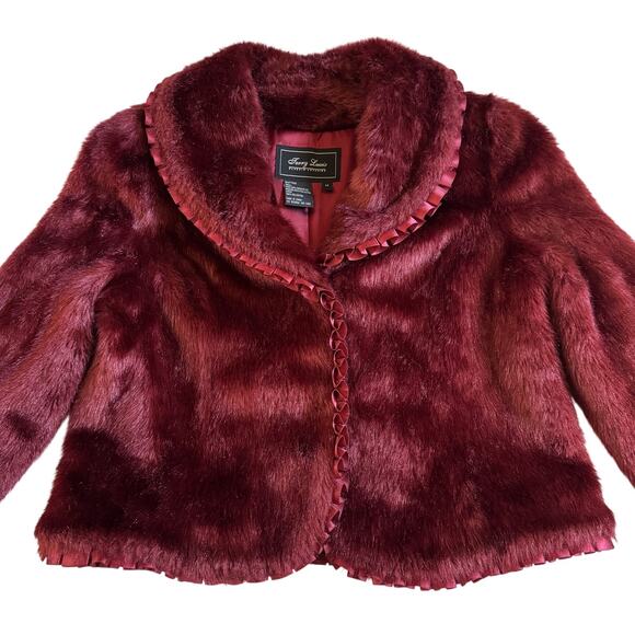 Jerry Lewis Luxuries Burgundy Faux Fur Coat Satin Ribbon Time Size Medium EUC - Picture 3 of 10